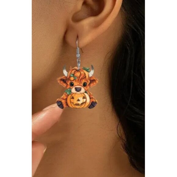 Highland Cow‎ Pumpkin Earrings Hand-Painted Acrylic Fall Jewelry NEW - Picture 2 of 3